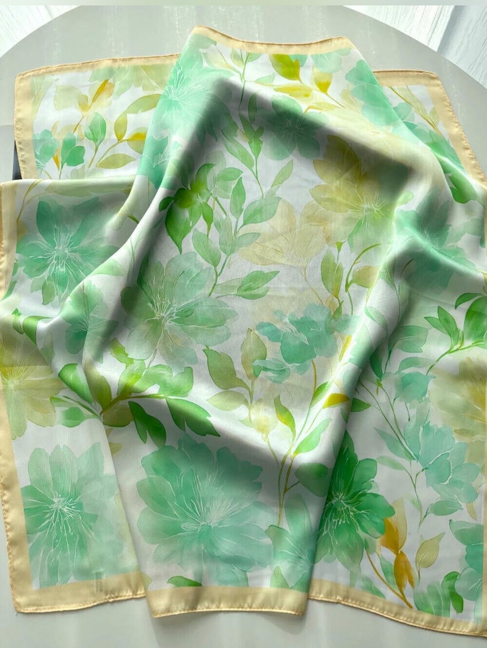 Silk-feel Green Floral Scarf - Elegant Women's Head Scarf, Neck Scarf 70×70cm